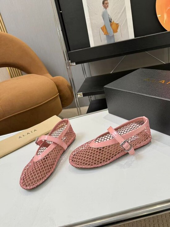 Alaia Shoes - ALAÏA Pink Mesh Mary Jane Ballet Flats